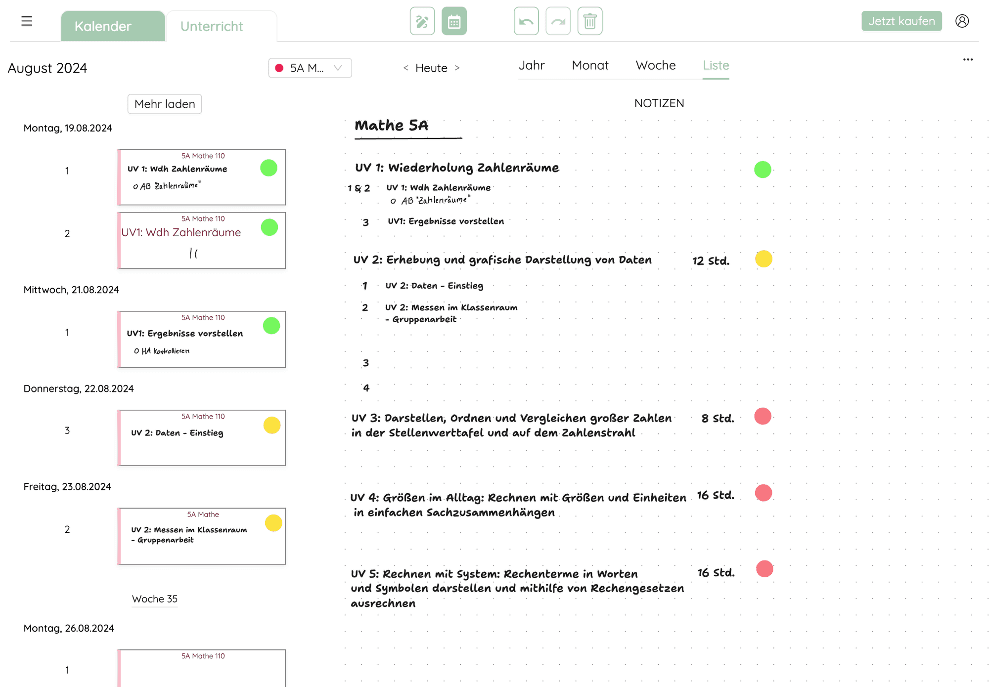 Listenansicht in der Liavo Lehrerkalender App